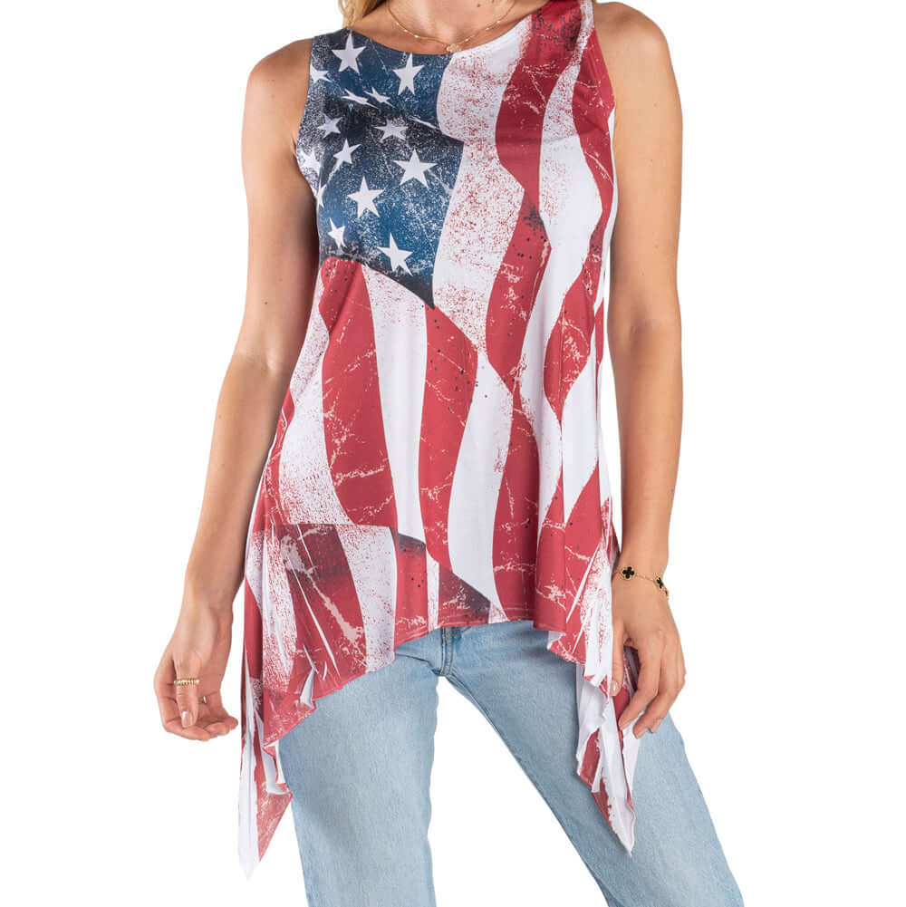 Women's Made in USA Sharkbite Tank Tunic - American Flag Design
