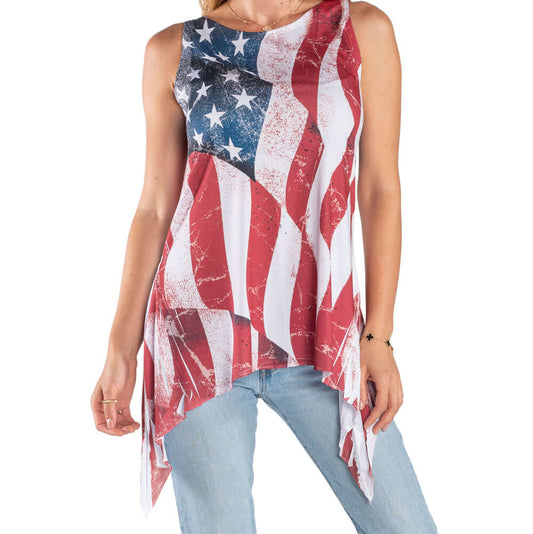 Women's Made in USA Sharkbite Tank Tunic - American Flag Design
