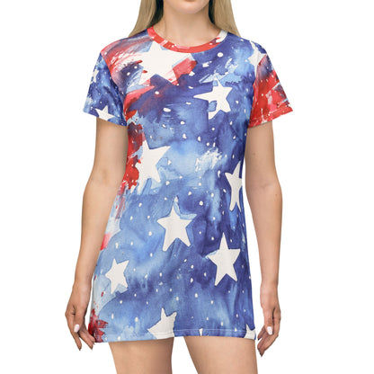 American Flag Watercolor T-Shirt Dress – Patriotic Stars & Stripes AOP