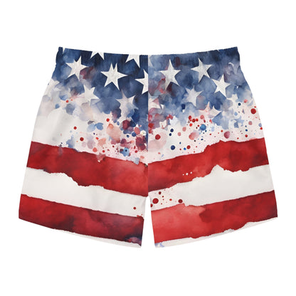 American Flag Watercolor Swim Trunks — Patriotic USA Beach Shorts