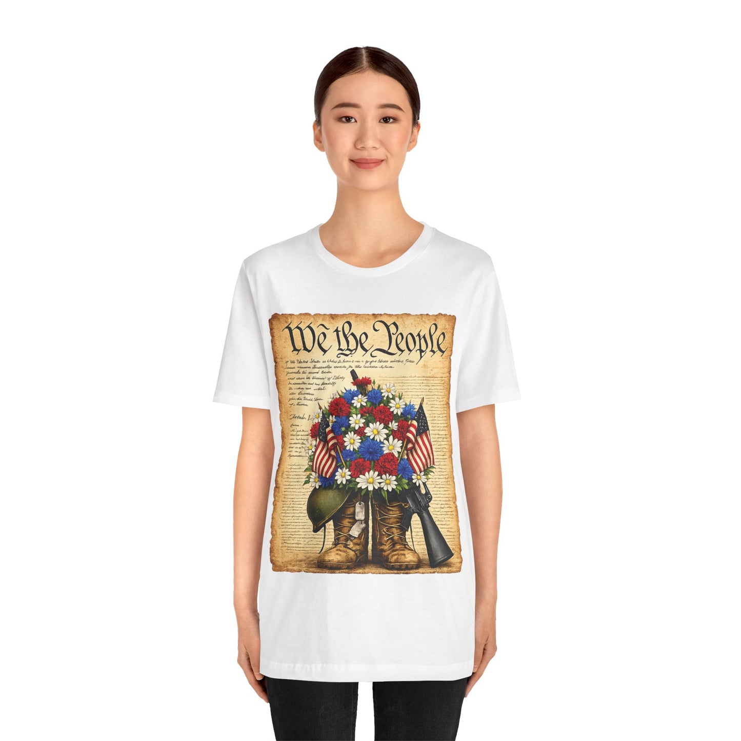 America 250 Flag Bouquet Tee — We the People Military Boots Memorial Shirt