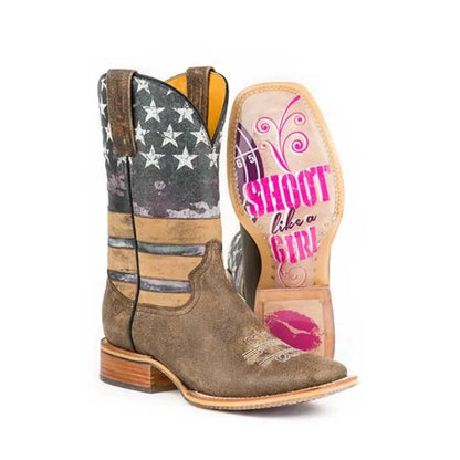 Cowboy boot with American flag design and 'Shoot like a girl' text on a white background