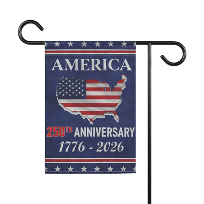 Garden flag with American map and 'America 250th Anniversary' text on a blue background