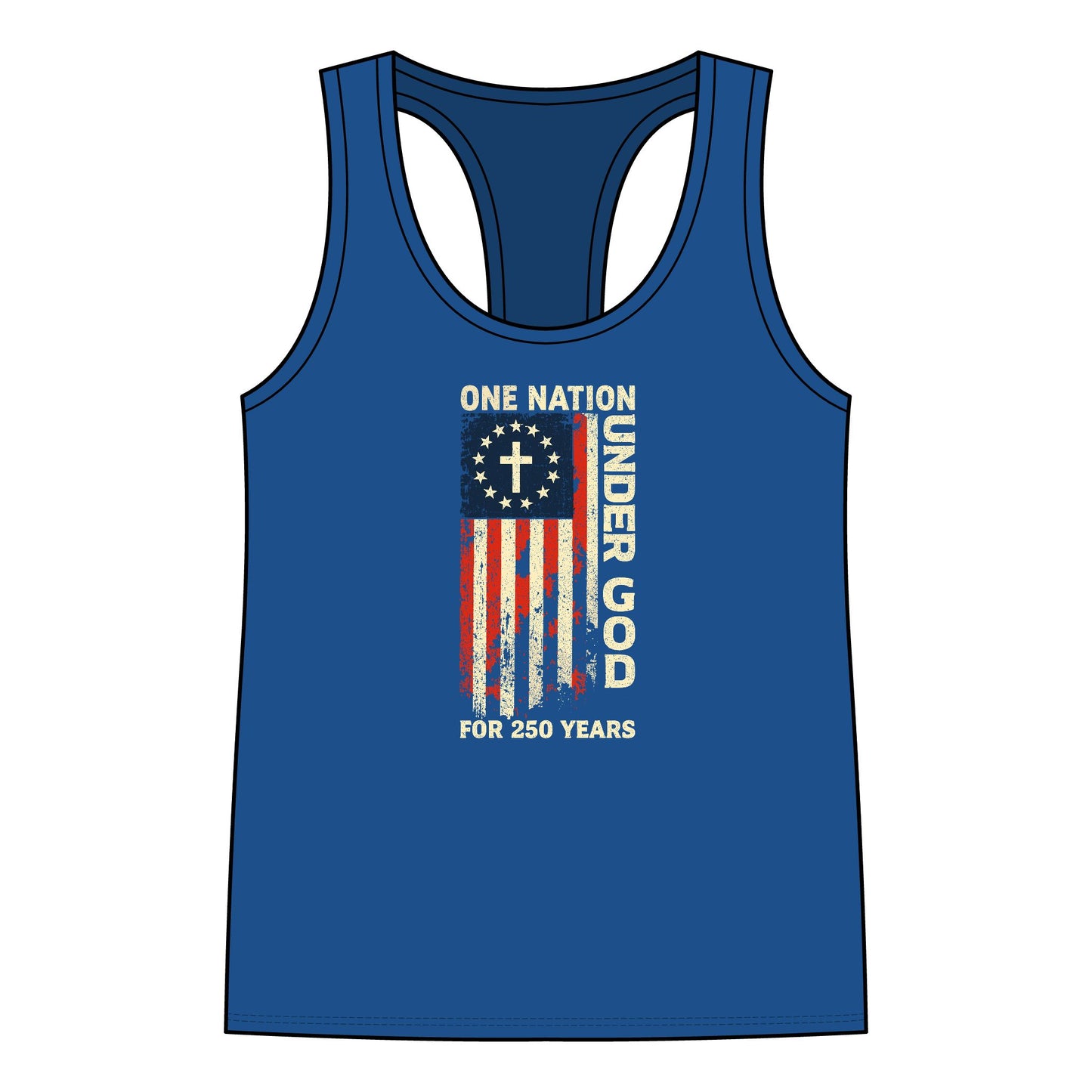 Women's Patriotic Racerback Tank – One Nation Under God, 250 Years