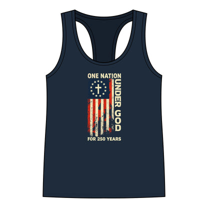 Women's Patriotic Racerback Tank – One Nation Under God, 250 Years