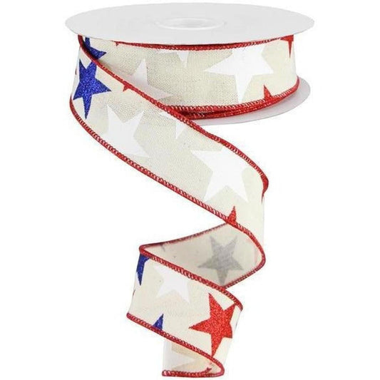 1.5" Ivory Cotton Ribbon: Patriotic Stars (10 Yards)