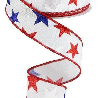 1.5" White Royal Canvas Ribbon: Patriotic Stars (10 Yards)