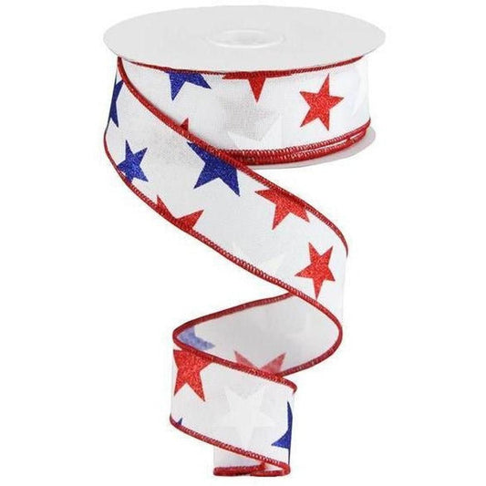 1.5" White Royal Canvas Ribbon: Patriotic Stars (10 Yards)