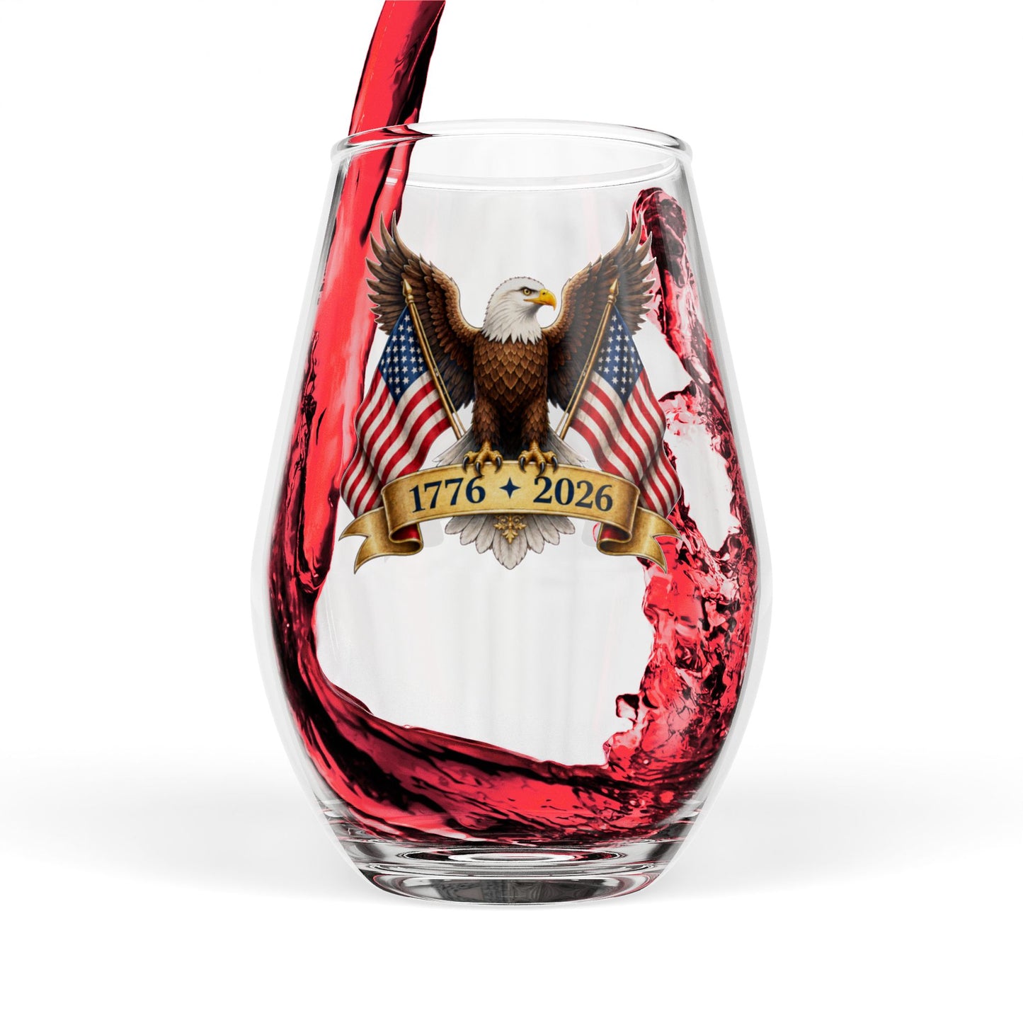 Stemless wine glass with American flag and eagle design, filled with red wine.