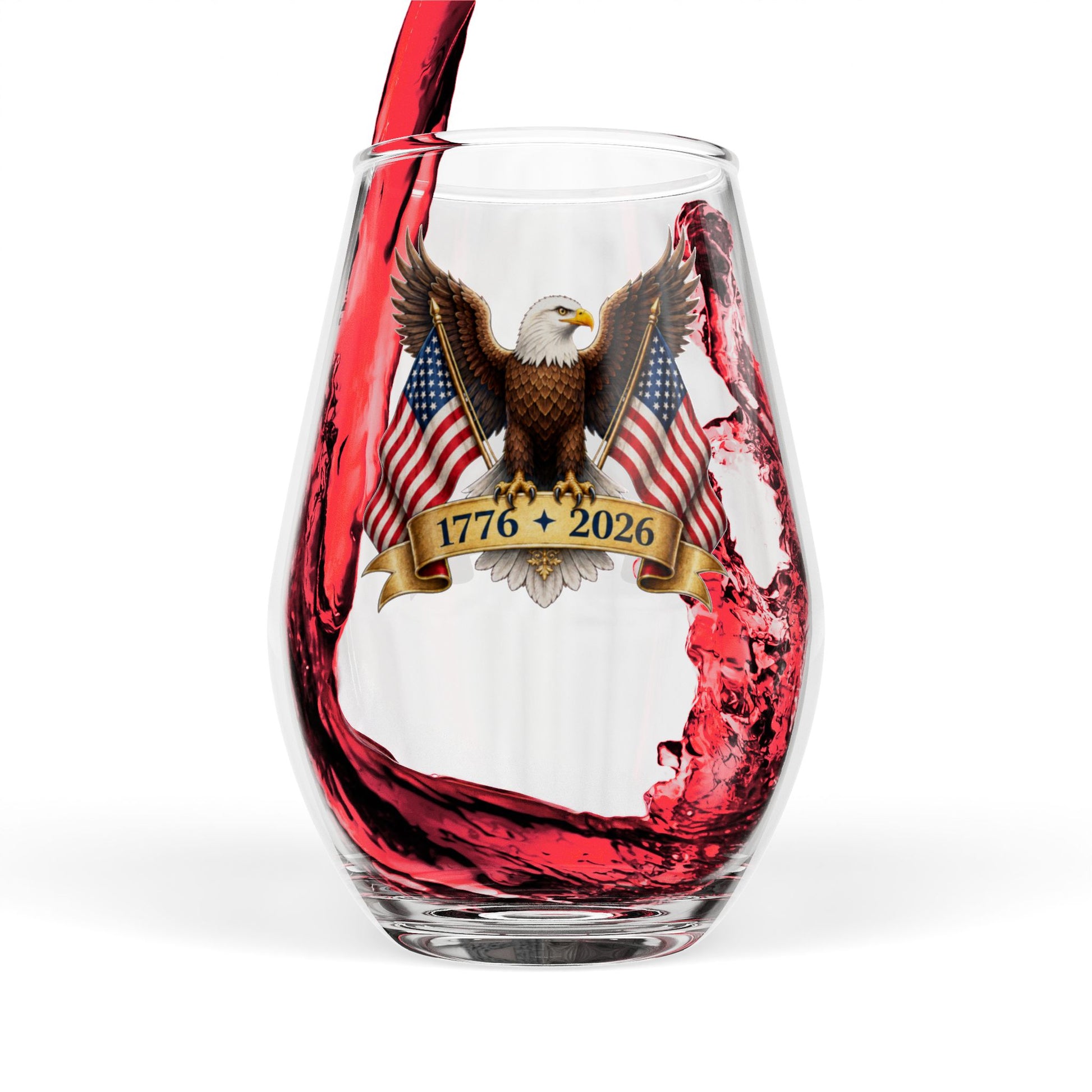 Stemless wine glass with American flag and eagle design, filled with red wine.