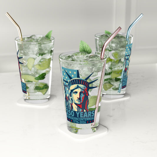 Three glasses of iced beverages with straws on a white background, featuring a design of the Statue of Liberty.