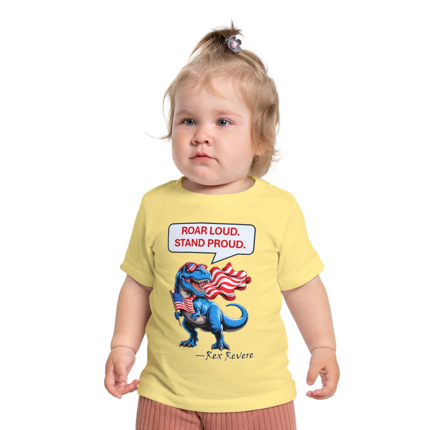 Baby T-Shirt — "Roar Loud. Stand Proud." Patriotic Dinosaur Tee