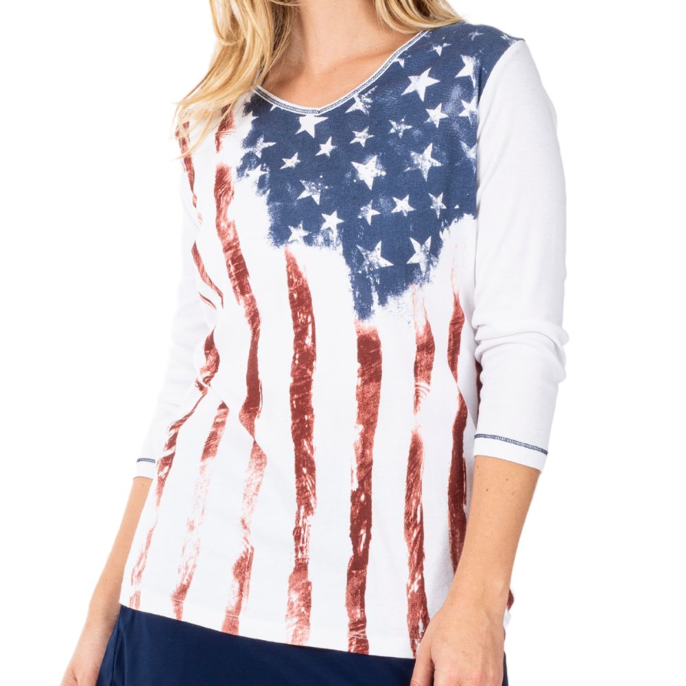 Old Glory Women's 3/4 Sleeve Top - Cotton USA Shirt | Flag Shirt