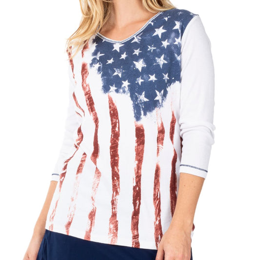 Old Glory Women's 3/4 Sleeve Top - Cotton USA Shirt | Flag Shirt