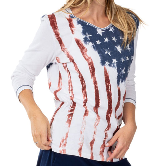 Old Glory Women's 3/4 Sleeve Top - Cotton USA Shirt | Flag Shirt
