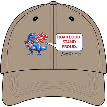 Youth Baseball Cap — Patriotic T-Rex 'Roar Loud. Stand Proud.' Embroidered (250 Years 1776–2026)