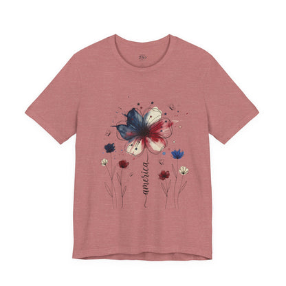 America watercolor floral tee in heather mauve, women's Bella Canvas, patriotic flora