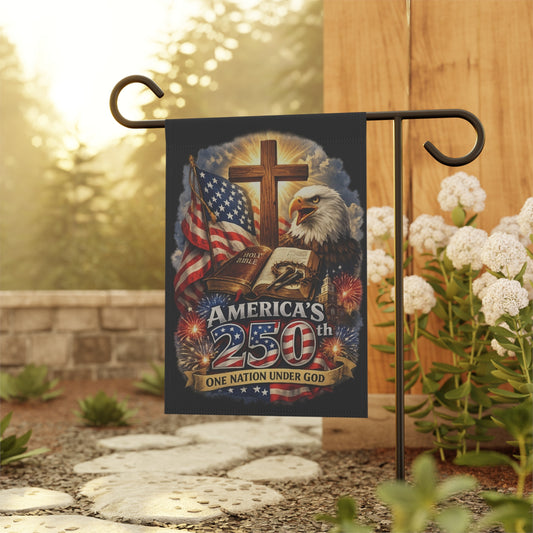 America 250 garden flag — eagle, cross & American flag design, double-sided poly poplin, 12x18