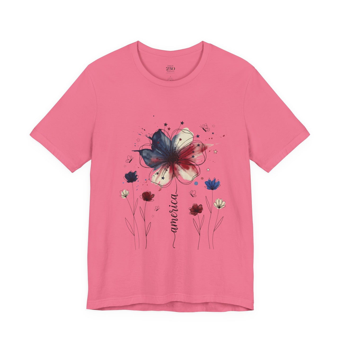 America watercolor floral graphic tee in pink, women's crew neck, soft Airlume cotton