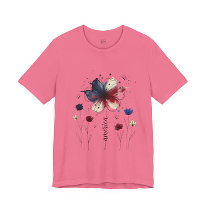 America watercolor floral graphic tee in pink, women's crew neck, soft Airlume cotton