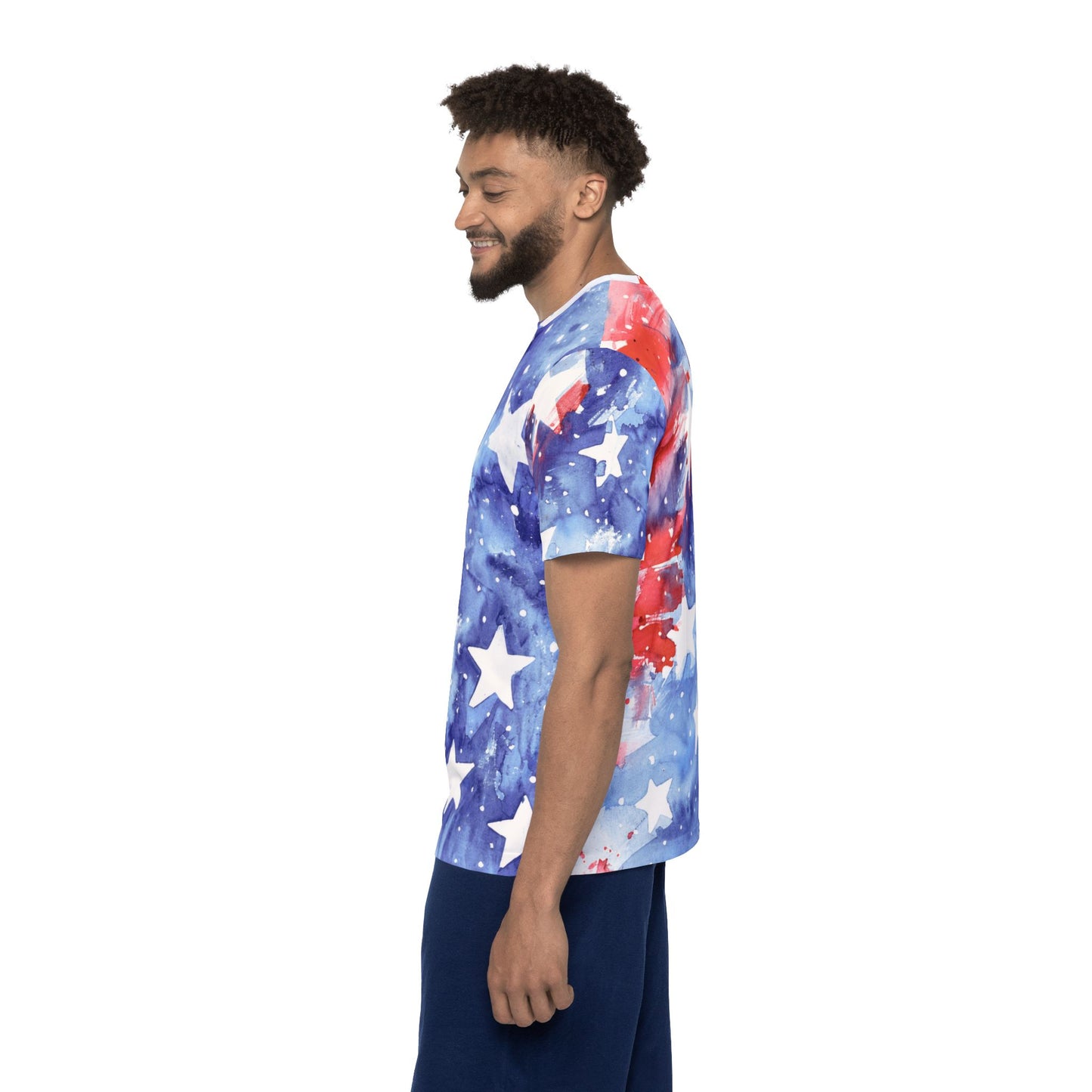 Patriotic Watercolor Stars Tee – American Flag AOP Sports Jersey