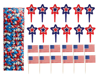USA Cake Decorating Bundle - Star Picks, Flag Picks & Sprinkle Quins Set