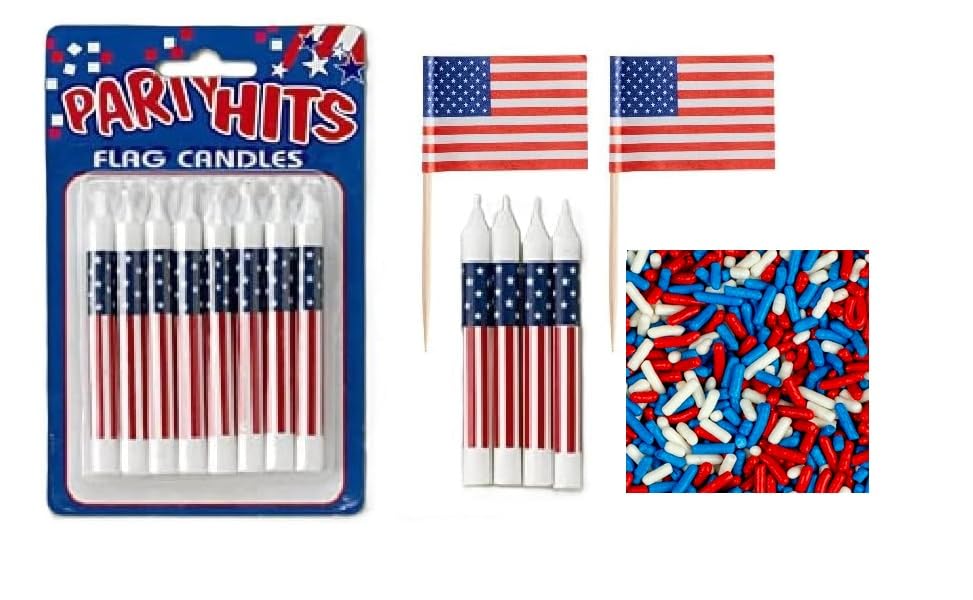 All American Patriotic Party Bundle - Birthday Candles, Flag Picks & Sprinkles Set