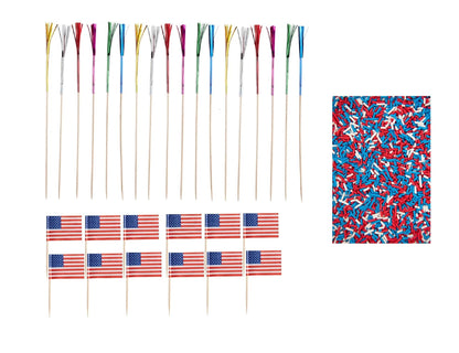 Patriotic Cake Decorating Bundle - USA Flag Picks & Red White Blue Sprinkles Set