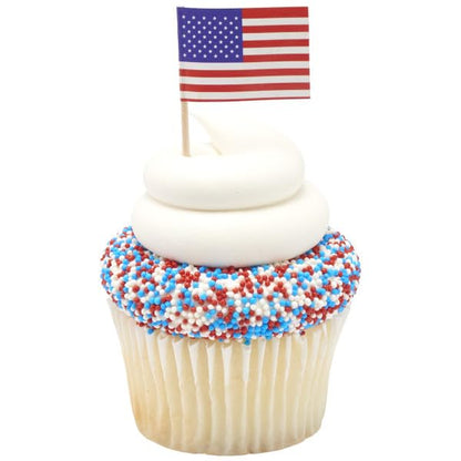 Patriotic Cake Decorating Bundle - USA Flag Picks & Red White Blue Sprinkles Set