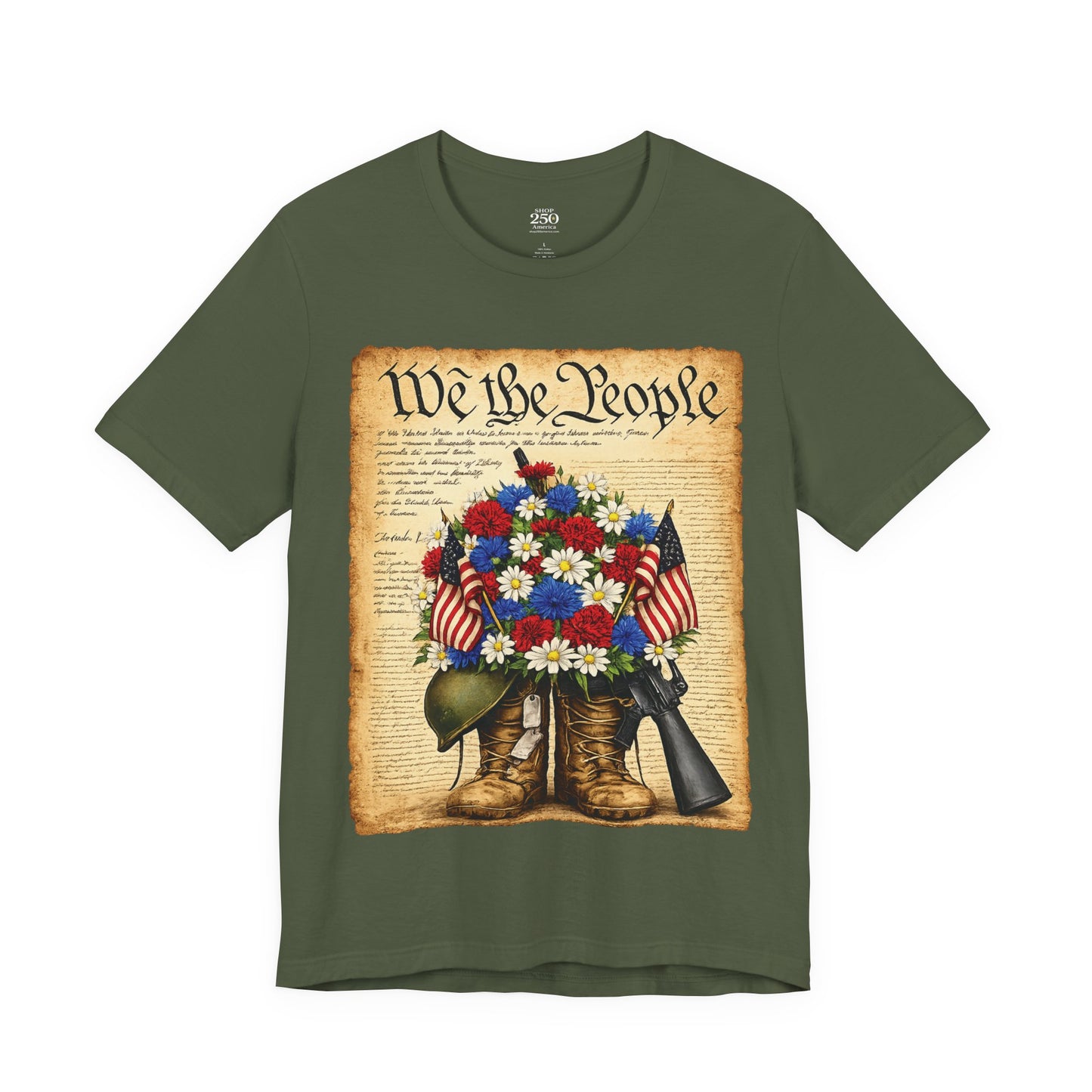 America 250 Flag Bouquet Tee — We the People Military Boots Memorial Shirt