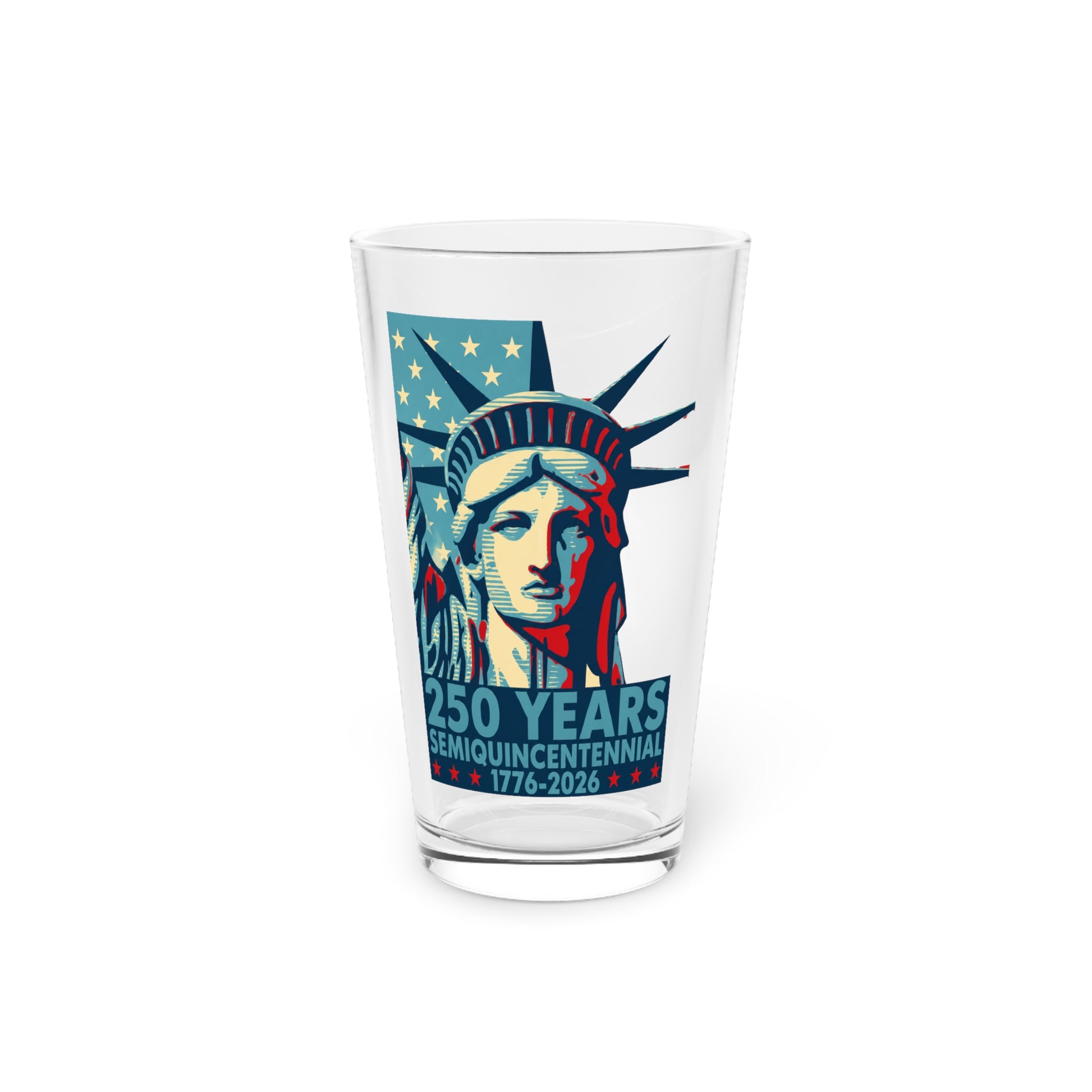 Glass with Statue of Liberty design and '250 Years Semiquincentennial' text on a white background
