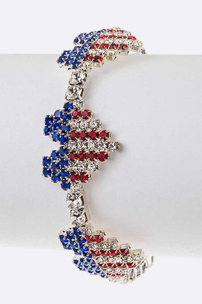 USA Flag Rhinestone Heart Cuff Bracelet - Patriotic Sparkle Jewelry