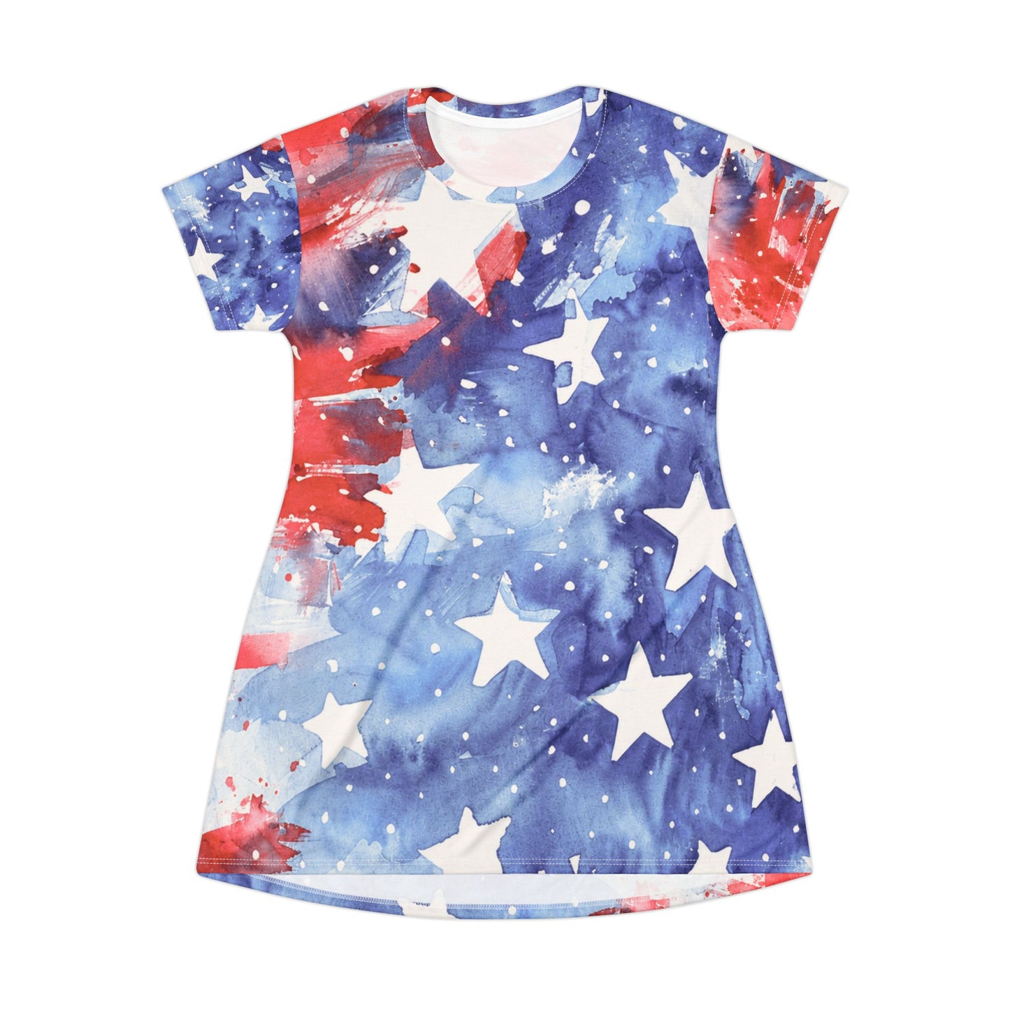 American Flag Watercolor T-Shirt Dress – Patriotic Stars & Stripes AOP