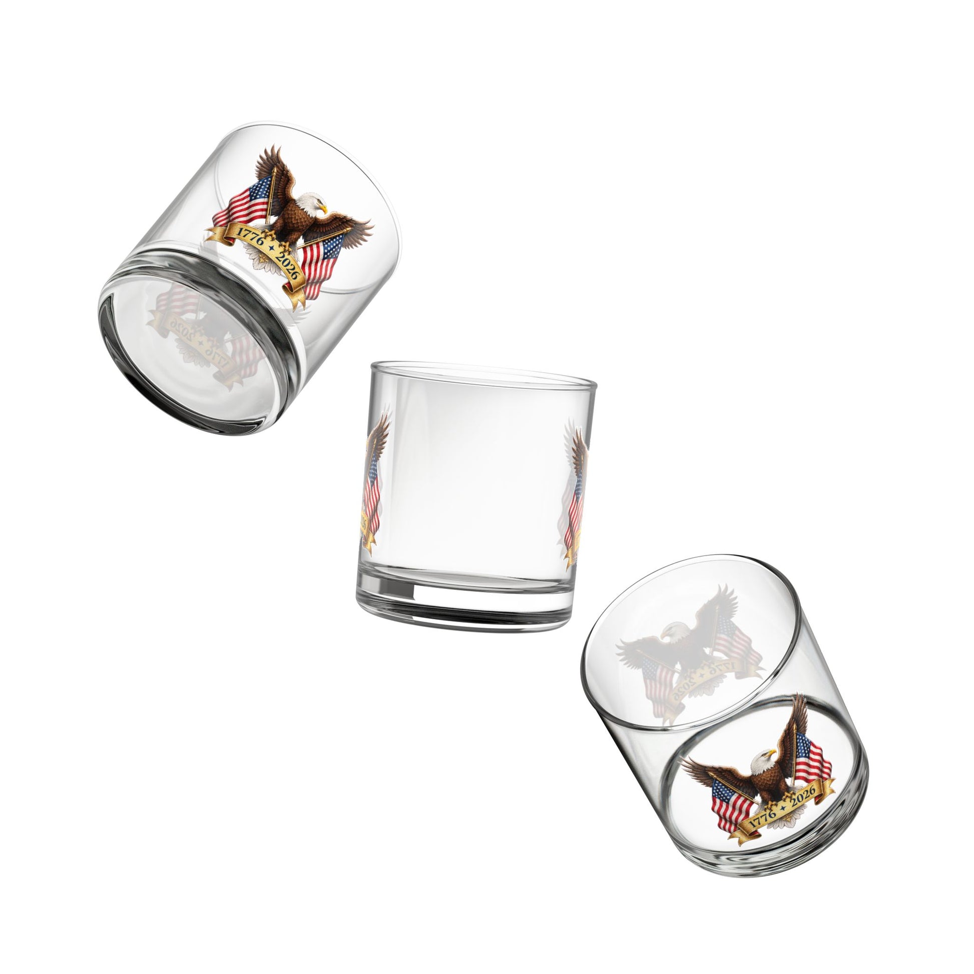 Set of glass tumblers with eagle and flag design on a white background
