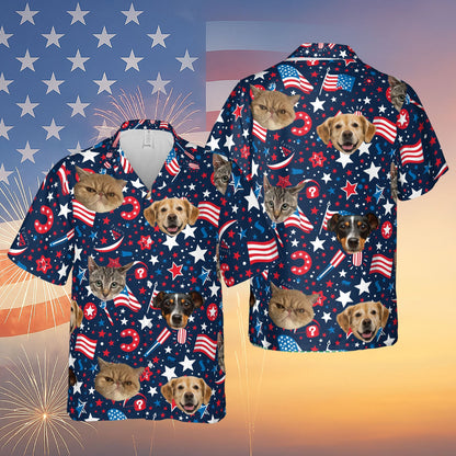 Custom Pet Face Hawaiian Shirt - Personalized Dog Cat Photo 4th of July Shirt