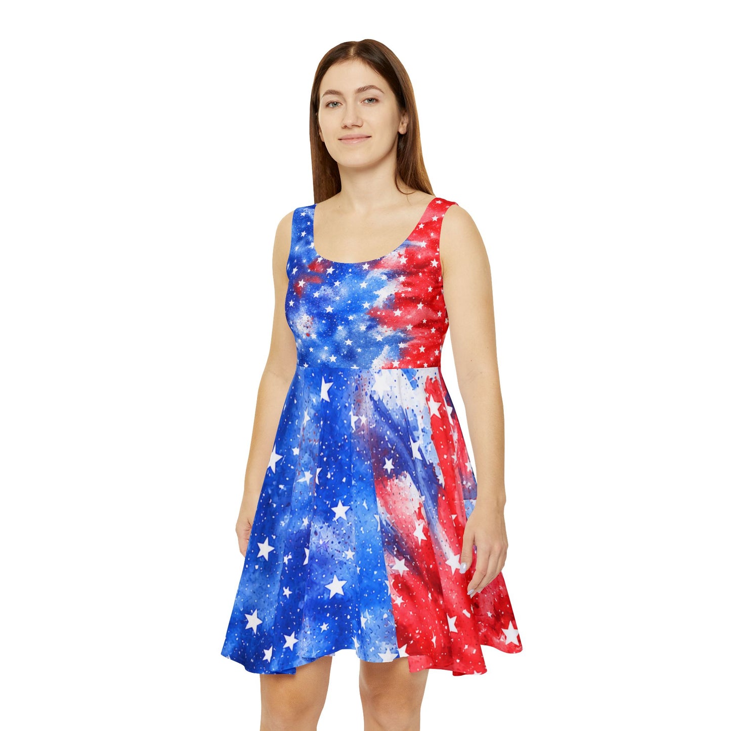 Patriotic Watercolor Stars Skater Dress — Red, White & Blue Fourth of July AOP