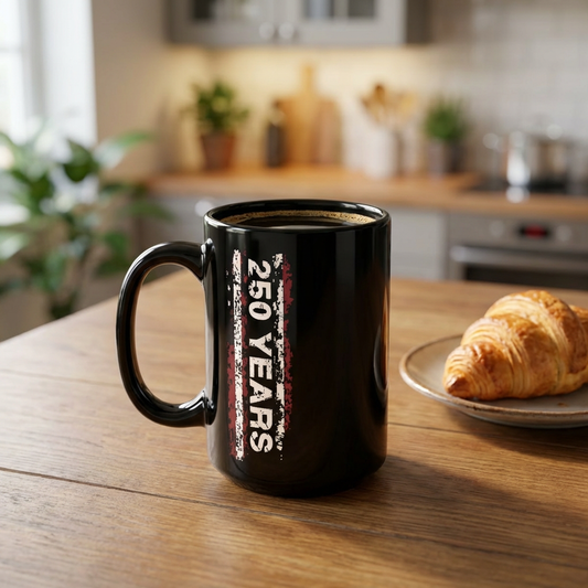 America 250 Black Mug 1776-2026 — 15oz Patriotic Coffee Cup