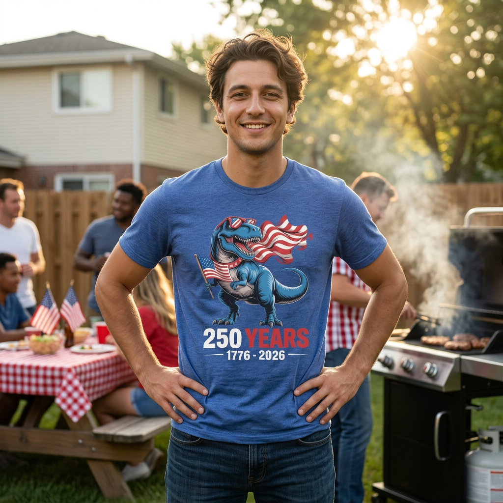 Man wearing a blue t-shirt with a dinosaur holding a USA flag graphic and  "250 years, 1776-2026" text, standing outdoors at a barbecue.