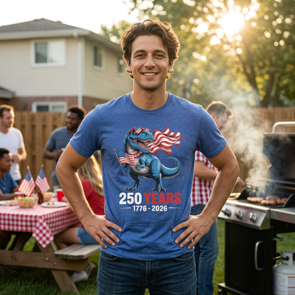 Man wearing a blue t-shirt with a dinosaur holding a USA flag graphic and  "250 years, 1776-2026" text, standing outdoors at a barbecue.