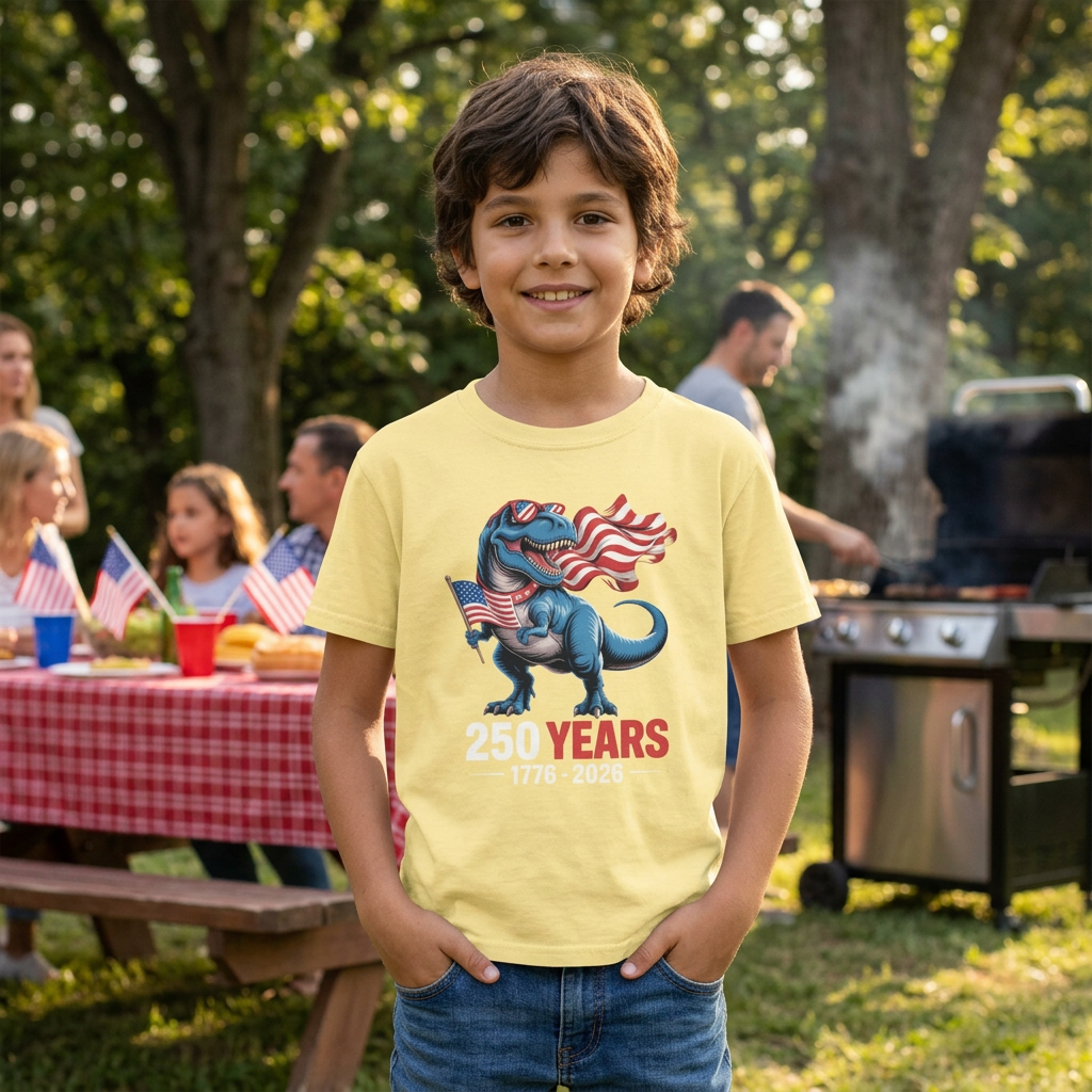 Child wearing a yellow t-shirt with a dinosaur graphic and '250 Years' text at a outdoor gathering.