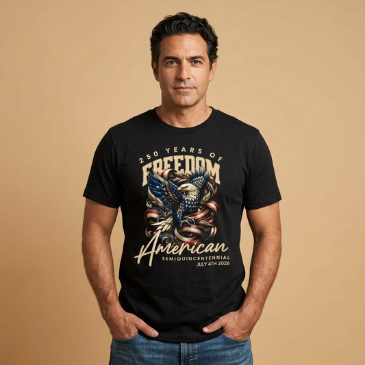America 250 eagle tee in black — 250 Years of Freedom American Semiquincentennial July 4th 2026