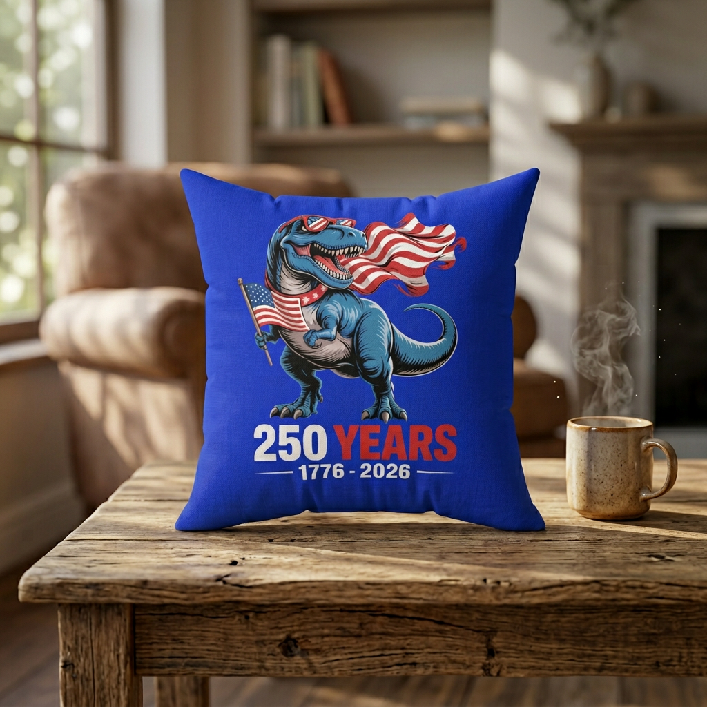America 250 T-Rex flag throw pillow 14x14 in, bold patriotic 1776-2026 home decor