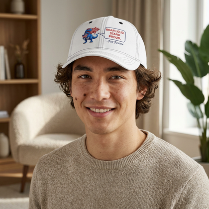 Youth Baseball Cap — Patriotic T-Rex 'Roar Loud. Stand Proud.' Embroidered (250 Years 1776–2026)