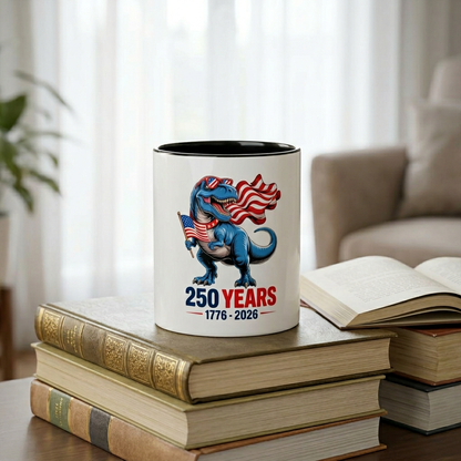 Rex Revere America 250 Mug — Patriotic T-Rex Coffee Cup