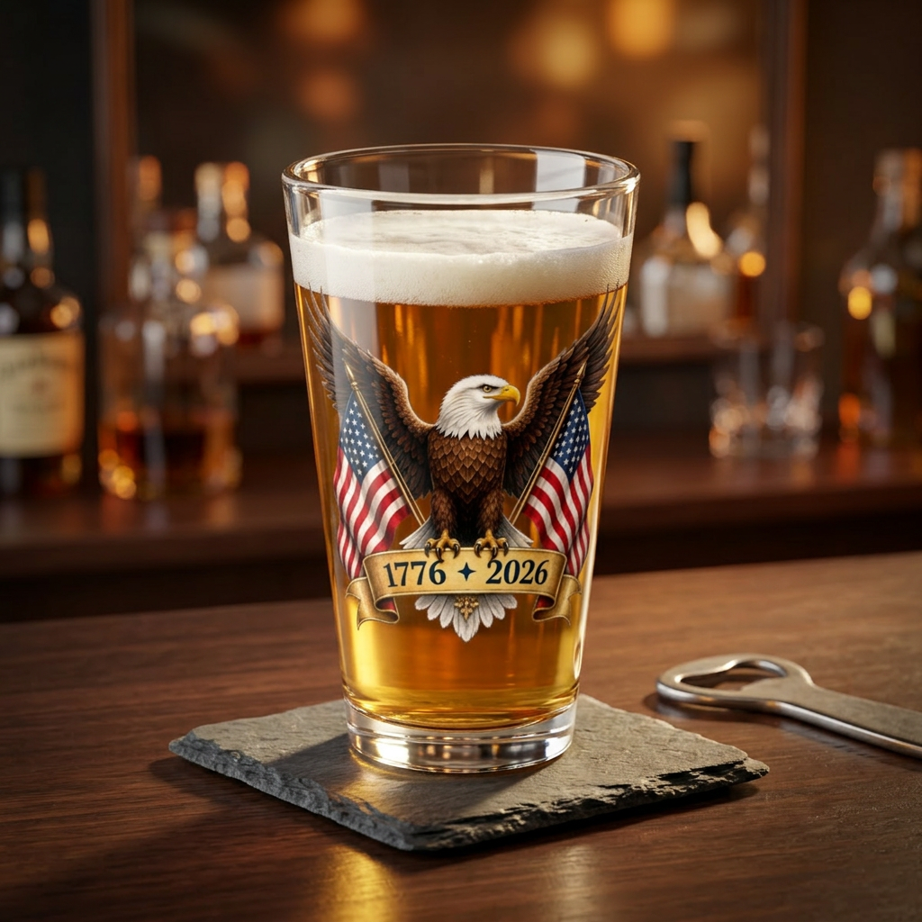 Beer glass with eagle and American flag design on a bar counter