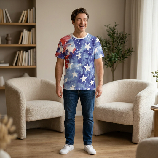 Man wearing a colorful star-patterned t-shirt in a living room.