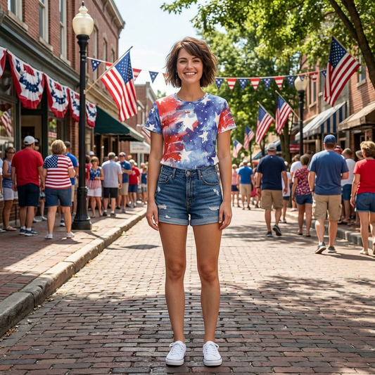 Women's All-Over Print Tee — Patriotic Watercolor Stars & Stripes Shirt