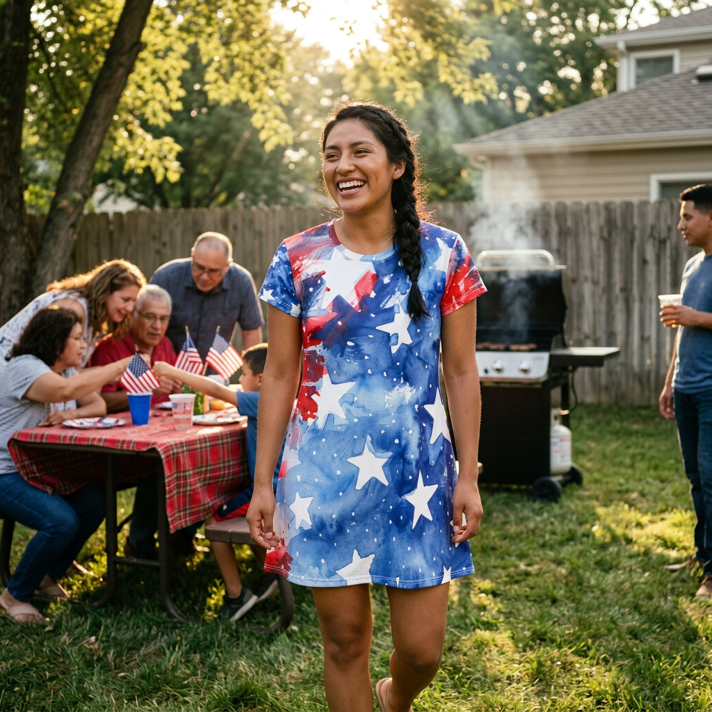 American Flag Watercolor T-Shirt Dress – Patriotic Stars & Stripes AOP