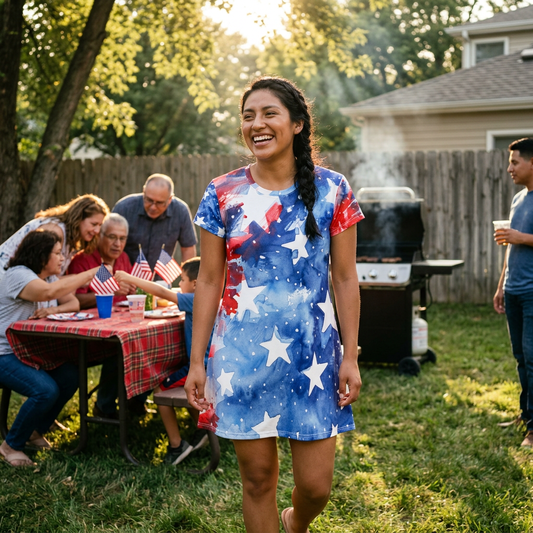 American Flag Watercolor T-Shirt Dress – Patriotic Stars & Stripes AOP