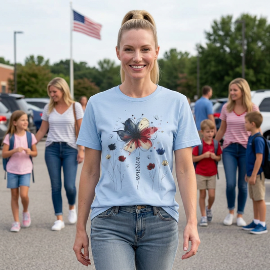 Woman wearing America 250 watercolor floral graphic tee in baby blue, women's relaxed fit, Bella Canvas